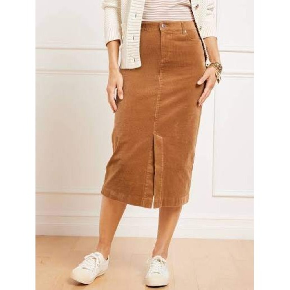 Talbots Corduroy Midi Skirt Women 6 Brown Front Slit 5 Classic Fall Academia